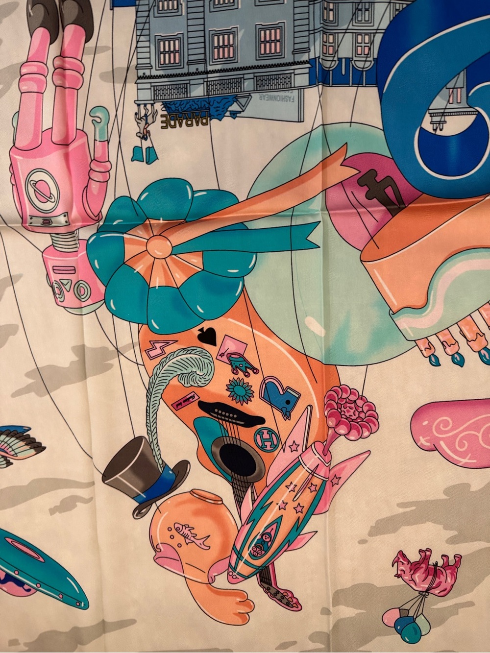 Luxury 90cm Silk Scarf with Teal, Pink & Blue Illustration - Picture 3 of 6